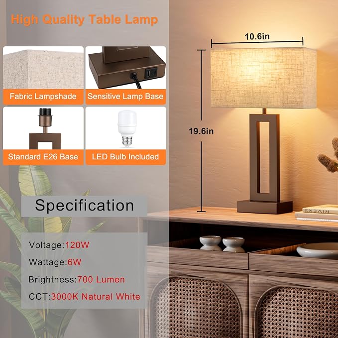 Seealle Bedroom Lamps for Night Stands - Touch Control, 3 Way Dimmable, USB C+A Charging, LED Bulbs, Easy Assembly(Yellow&Coffee) - Image 5