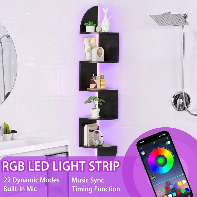 Waipfaru Corner Shelf, 5 Tier Bookshelf with LED Light, Corner Shelf Wall Mounted, Floating Shelves for Wall, Display Stand for Bedroom, Living Room, Bathroom, Home, Office, Black - Image 5
