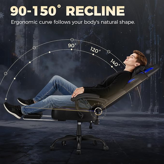 GTPLAYER Big and Tall Gaming Chair for Adults, Ergonomic Office Chair with Footrest, Heavy Duty 350 lbs Capacity, High Back, Premium Leather & Iridescent Trim, ACE-Armor, Black & Blue - Image 4