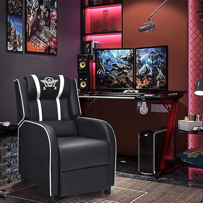 Giantex Gaming Recliner Chair, Adjustable Massage Gaming Chairs for Adults, Ergonomic Comfortable Lounge Leather Sofa w/Footrest, Remote Control, Side Pocket, Racing Style Single Sofa Recliners, White - Image 2