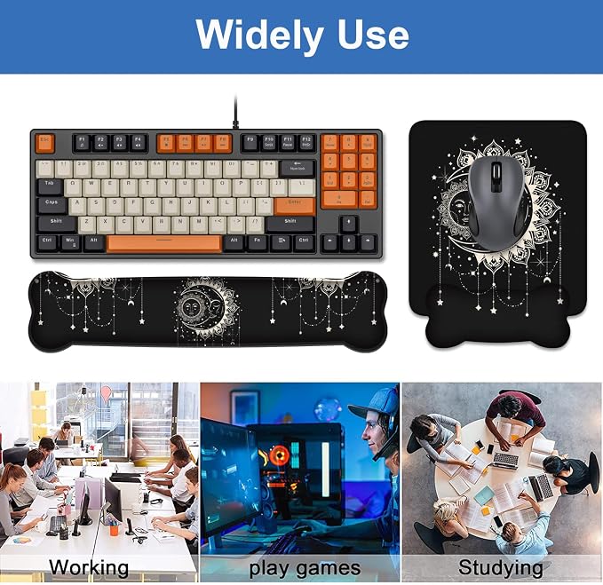 Wrist Rest Support Ergonomic Gel Mouse Pad and Memory Foam Keyboard Set, Non-Slip Rubber PU Base for Home Office Working Studying Easy Typing & Pain Relief, Celestial Theme Sun with Crescent Moon - Image 8