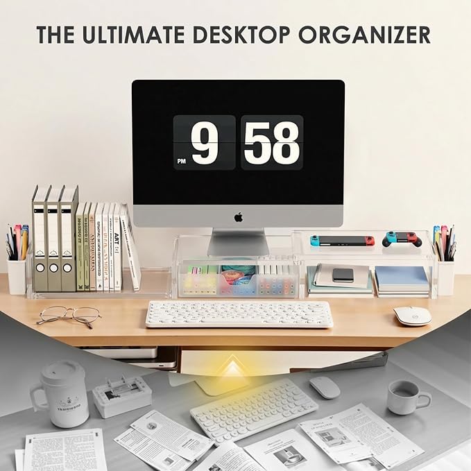 OPNICE Clear Acrylic Desk Organizers and Accessories, Dual Monitor Stand Riser with Drawer and 2 Pen Holders, Desk Shelf Computer Racks for Office Workspace Organizers, Desktop Organization (Transparent) - Image 3