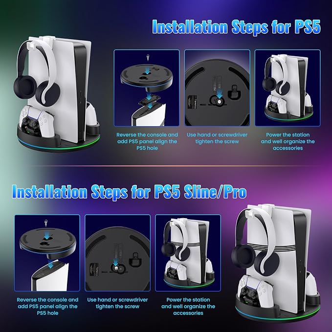 NEWDERY for PS5/Slim/Pro Console Stand with Controller Charger - Image 4