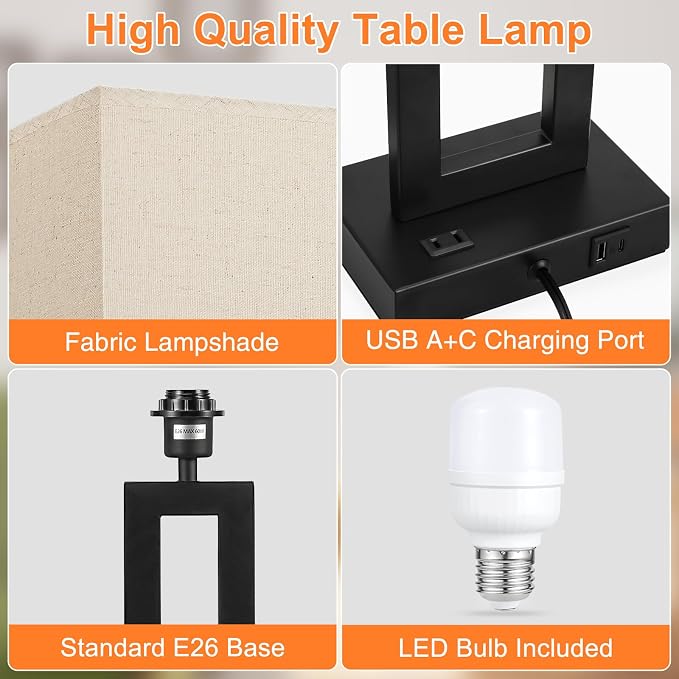 Seealle 26.3in Big Bedroom Table Lamps Set of 2 -Touch Control, 3 Way Dimmable, USB C+A Charging, LED Bulbs, Easy Assembly - Image 3
