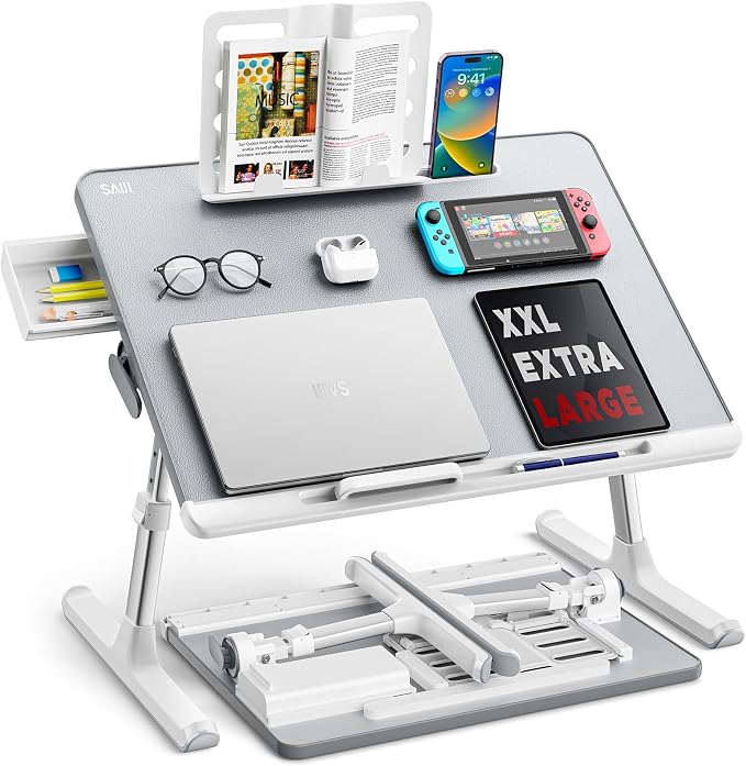 Laptop tray, SAIJI 60*45cm Table lap for bed, Multi-purpose Premium Lapdesk, Height Angle adjustable, with Book Stand, Drawer, Tablet slot, for Eating, Working, Writing, Gaming, Drawing (Light Grey) by SAIJI