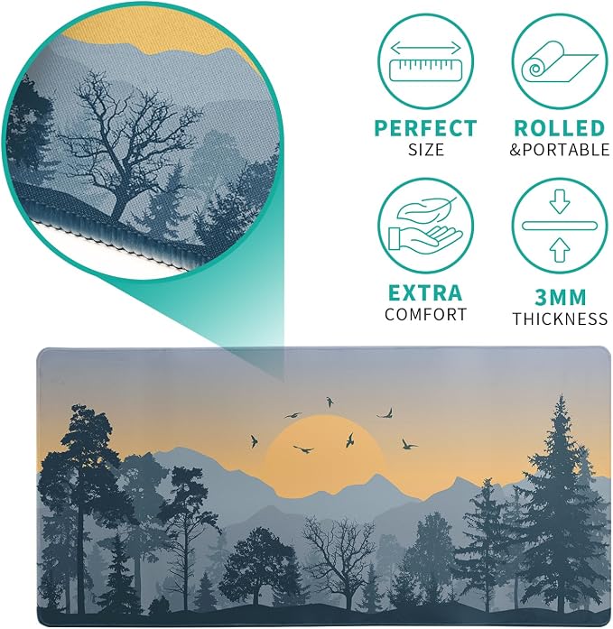 Mountain Gaming Mouse Pad 27.6x11.8 Inch Forest Large Mousepad Extended Grey Mousepad Gaming Non-Slip Rubber Base Stitched Edges Keyboard Mouse Mat Desk Pad for Office Home and Game - Image 5