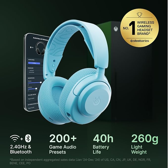 SteelSeries Arctis Nova 3X Wireless Multi-Platform Gaming Headset — Mobile App Control — 40 HR Battery — Neodymium Magnetic Drivers — 2.4GHz/Bluetooth — Xbox, PS5, PC, Switch, Mobile — Aqua - Image 2