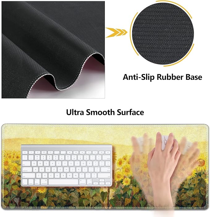 AIMSA Keyboard Mouse Pad Wrist Rest, Extended Gaming Mouse Pad +Wrist Support, Ergonomic Memory Foam,XXL Large Mousepad, 4Pcs (35×15.7 in) Desk Mat, Sunflower Oil Painting - Image 5