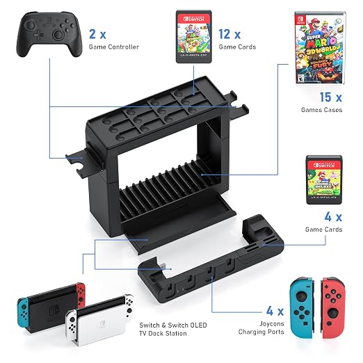 Switch Game Storage with Controller Charger for Nintendo Switch & OLED Model, Switch Charging Dock Charges 6 Joycons, Switch Gaming Accessories Holder for Desk, Switch Game Gift Card Organizer (Black) - Image 4