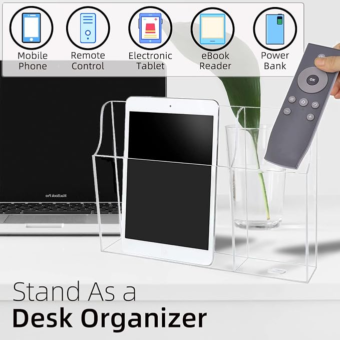 Clear Wall Tablet Holder Acrylic Wall Mounted Phone Holder for iPad, Remote Control Holder Laptop Stand for eReader Storage Caddy with Charging Holes for Kindle iPhone - Image 6