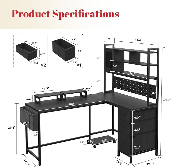 L-Shaped Computer Desk with Charging Station and Light Strip, Gaming Desk with Pegboard & Storage Shelves, Corner Table with 3 Drawers, Monitor and Computer Tower Stand for Home Office, Black - Image 2