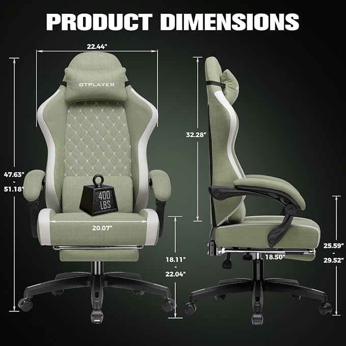 GTPLAYER Gaming Chair, Ergonomic Computer Chair with Footrest and Lumbar Support, High Back Recliner Chair 350lbs, Height Adjustable for Home Office, Green - Image 3