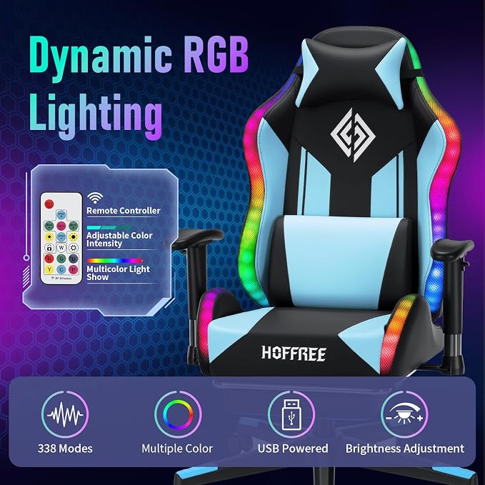 HOFFREE RGB Gaming Chair for Kids LED Computer Chair 155°Recliner-Blue | PC Game Chair with Lights Gamer Chair for Boys Teens 8-15 Video Game Chairs with Footrest and Lumbar Support Racing Style - Image 5