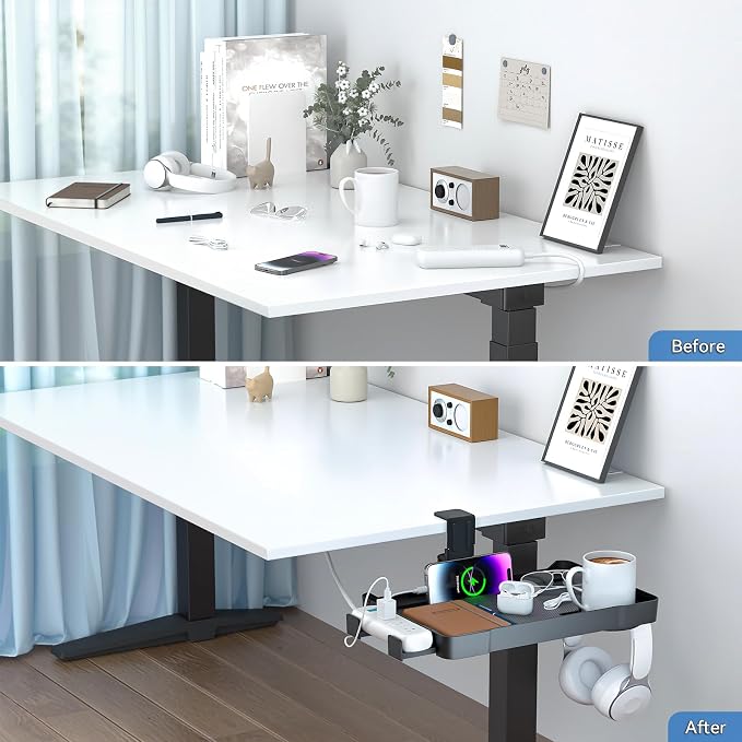 KDD Under Desk Organizer - 360° Rotating Clamp-On Tray with Headphone Hook, Phone & Tablet Holder, Cup Holder, and Cable Management - No Drilling Desk Storage Accessories for Office and Home - Image 5