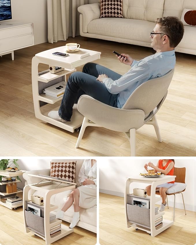 AQIMUELE Wooden C-Shaped End Table,Couch Desk with 2 Lockable Wheels,4-Tier Couch Table with Storage Bag,Small Rolling Side Table Tv Trays for Couch, Living Room,Bedroom (White) - Image 7