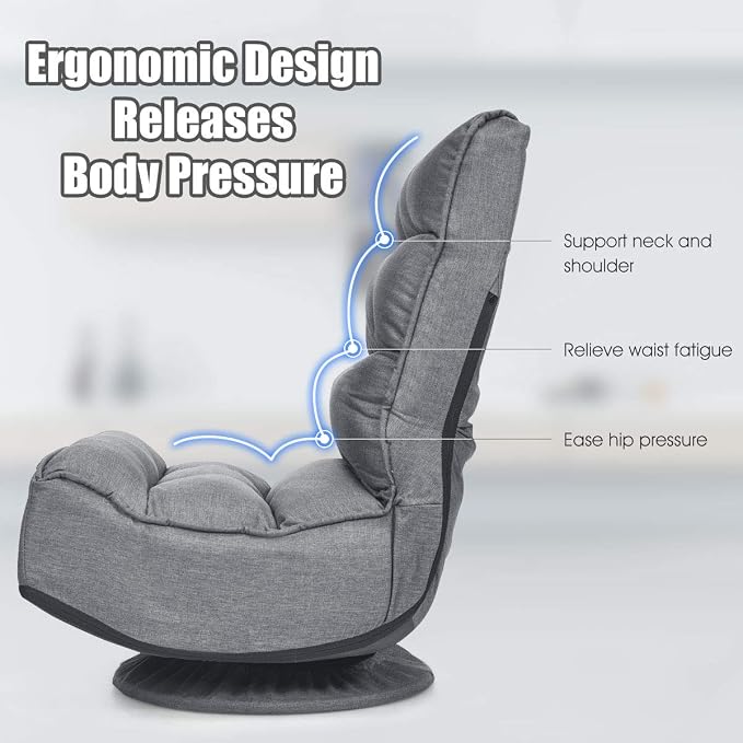 Giantex 360 Degree Swivel Floor Chair, Folding Floor Gaming Chair with 6 Positions Adjustable, Lazy Sofa Lounge Chair w/Tufted Back Support, Video Gaming Chair for Reading TV Watching (Gray) - Image 5