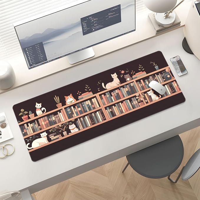 Cute Desk Mat for Keyboard Desktop Extra Large Mouse Pad, Cat Book | Desk Top Computer Deskmat, XL, XXL, Long, Aesthetic, Modern Girly Design, for Women, Girls, 30"x12" - Image 5
