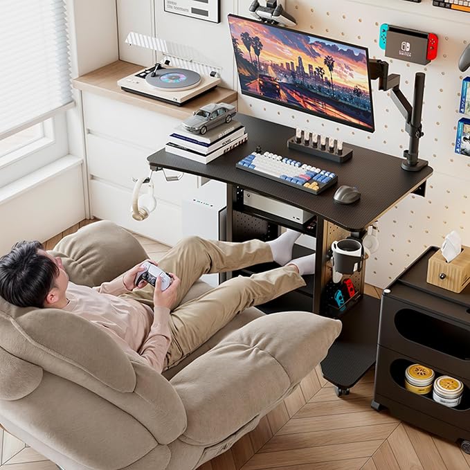 EUREKA ERGONOMIC Gaming Desk Computer, 37" Rolling Desk on Wheels for Small Space, Mobile Computer Cart with Pegboards Adjustable Shelves for Gaming PS Switch Home Office - Black - Image 3