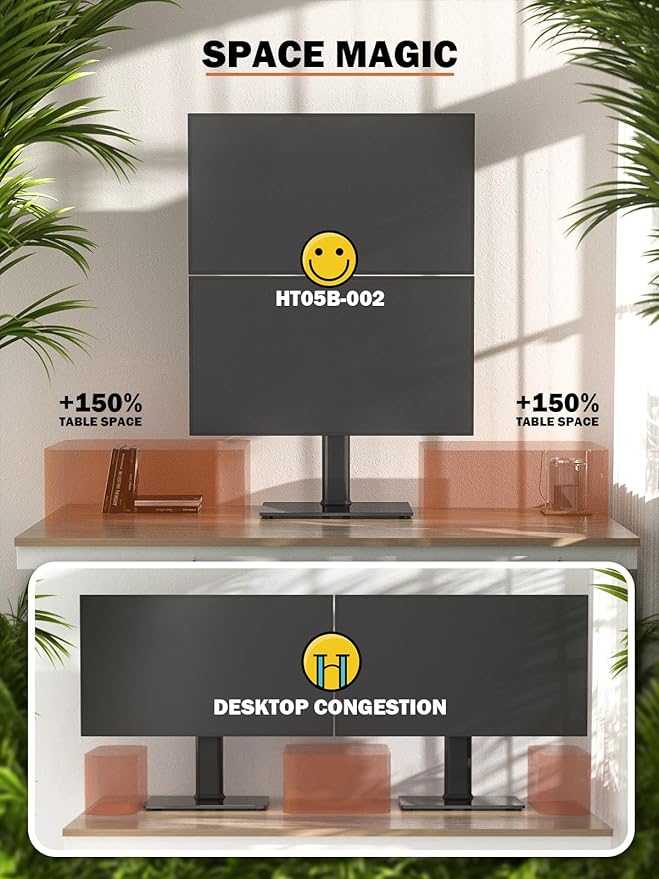 Dual Monitor Stand - Vertical Stack Screen Free-Standing Monitor Riser Fits Two 13 to 34 Inch Screen with Swivel, Tilt, Height Adjustable, Holds One (1) Screen Up to 44Lbs - Image 6
