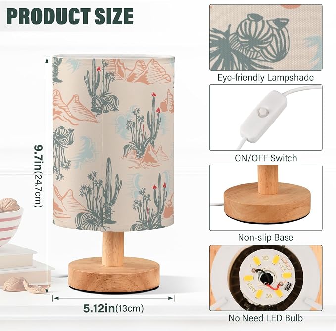 Bedside Table Lamp Western Desert Cactus Mountains Nightstand Lamp with Wood Desk Lamps for Bedroom Living Room Nursery Office Home Decor - Image 3