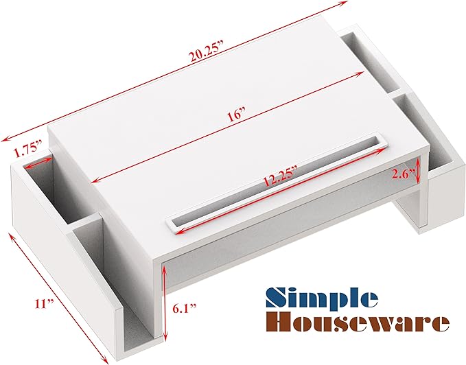 Simple Houseware Desk Monitor Stand Riser w/ Adjustable Tray, White | Built-In Tablet Slot and Side Storage - Image 4