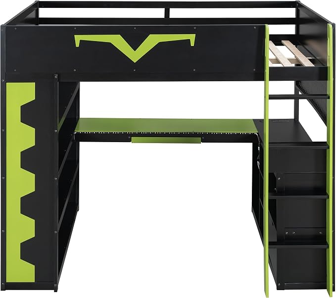 Merax Full Size Gaming Loft Bed with Desk and RGB LED Lights, Pro-Gamer Bed with Power Outlet, Large Bookshelf, Pegboard, Keyboard Tray & Drawer, Green - Image 6
