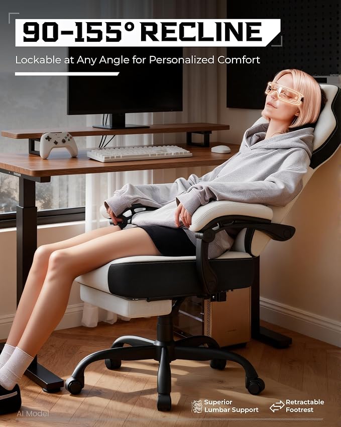 GTPLAYER Gaming Chair for Adults, Ergonomic High Back Chair with Footrest | Big & Tall Computer Video Gaming Chair, Comfort Wide Seat with Lumbar Support for Big/Tall, Office/Home, Linen, White Grey - Image 5
