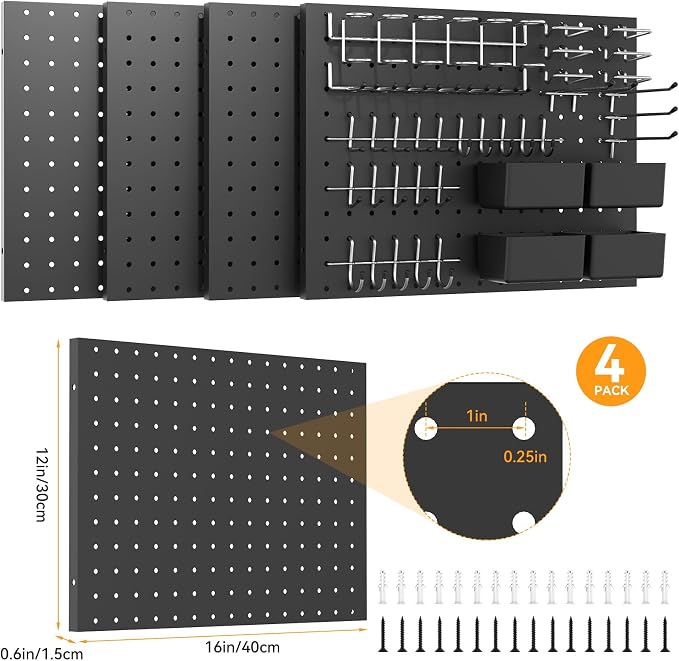 Black Peg Board, 4 Pack Metal Pegboard with Hooks, 71pcs Pegboard Kit, Pegboard Wall Organizer, Heavy Duty Peg Boards for Walls Home Office, Garage Tool Storage, Workbench, Craft Room - Image 6