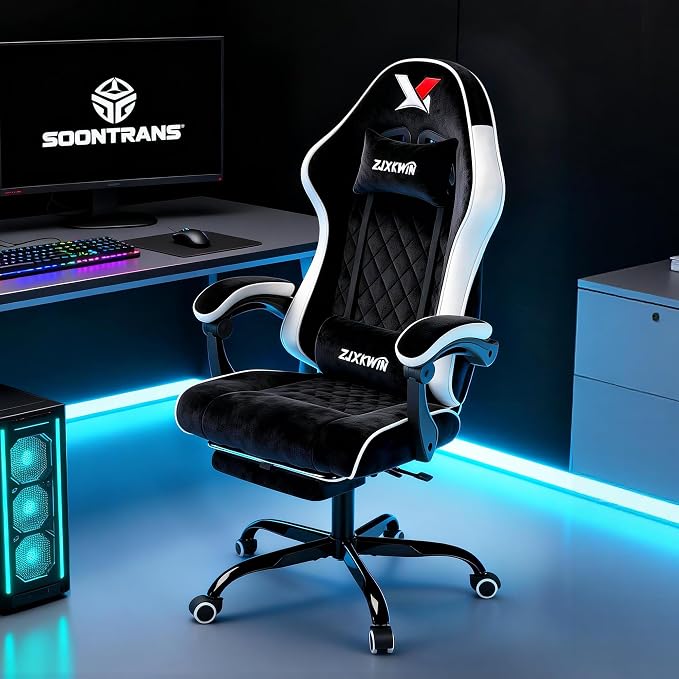 Gaming Chair for Adults,400lbs Computer Chair for Home Office,White | Velvet Ergonomic High Back Racing Chair with Footrest,20'' Wide Spring Cushion,90-135° Recline,Heavy Duty Metal Base, - Image 2