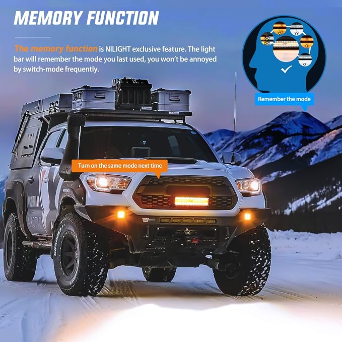 Nilight 12Inch 300W LED Light Bar 2PCS 4Inch 60W Light Pods Amber White Strobe 6 Modes Memory Function Reset Function Off Road Truck with 16AWG Wiring Harness Kit-3 Leads, 2 Years Warranty - Image 5