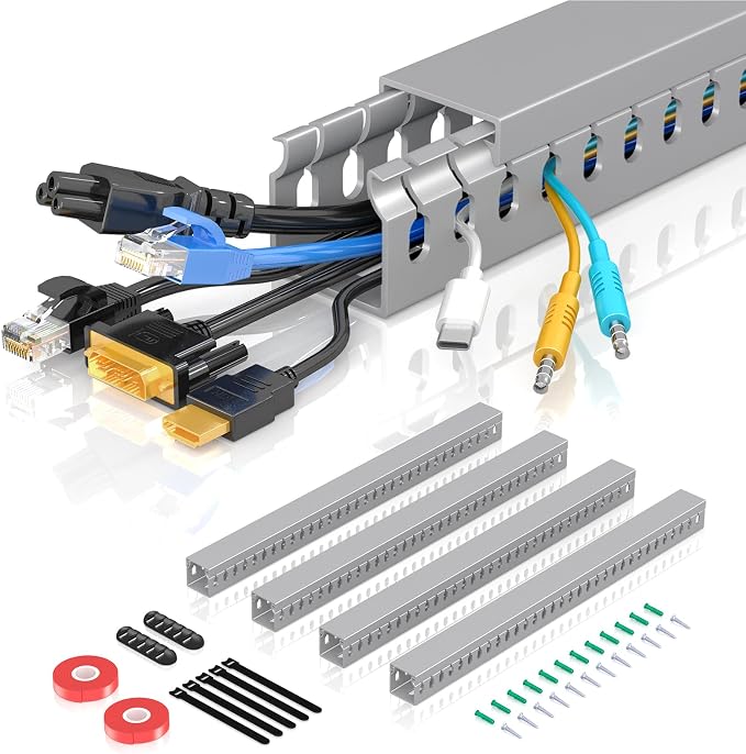 Open Slot Wire Duct Kit, 62.8"(4 x 15.7) Server Rack Cable Management, Cable Management Raceway for Hide Network HDMI VGA Cable, Wiring Raceway Cable Duct, Desk Wire Channel, 4 Pack, Grey by Aocii