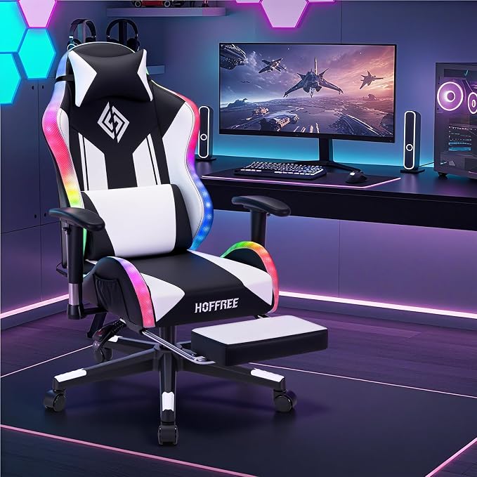 HOFFREE RGB Gaming Chair for Kids LED Computer Chair 155°Recliner-White | PC Game Chair with Lights Gamer Chair for Boys Teens 8-15 Video Game Chairs with Footrest and Lumbar Support Racing Style - Image 2