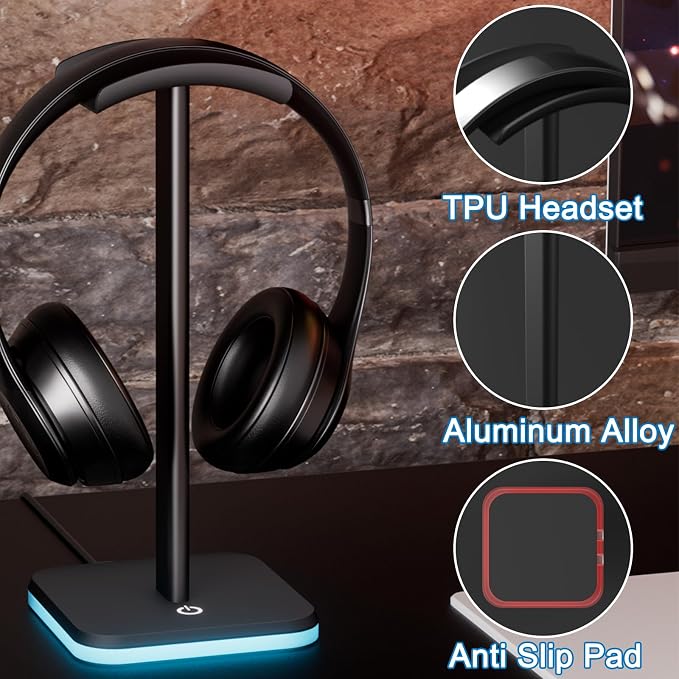 Headphone Stand for Desk - Headset Stand Headphone Holder (RGB-Black) | with Aluminum Hanger and Plastic Headrest, headphone holder for AirPods Max, Sony, Bose, Beats and More - Image 4