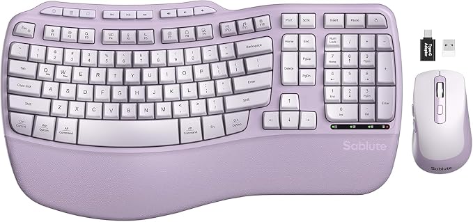 Purple MA31 Ergonomic Wireless Keyboard and Mouse Combo, Full Size Wave Key by SABLUTE