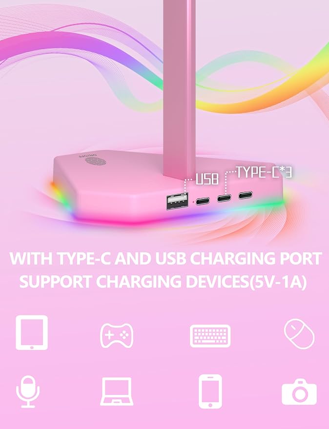RGB Headphones Stand with 1 USB-C Data Transmission& 3 Type-C Charging Port, Desk Gaming Headset Holder with 7 Light Modes and Non-Slip Rubber Base (Pink) - Image 2