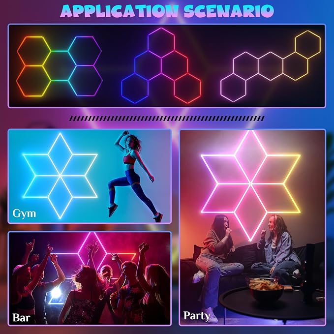 RGB Hexagon Lights with App & Remote Control, Snowflake LED Honeycomb Lights for Gym, Game Room, Club, Bar Party Decor with Multi-Color Modes, Dimmable and Speed Adjustable RGB Wall Light - Image 5