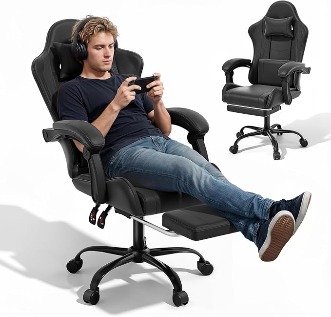 MoNiBloom Gaming Chair, Footrest & Lumbar Support, Height Adjust, Black | Headrest & Lumbar Support, Ergonomic Computer chair, for Adult Teen Office or Gaming,Swivel game chair, leather gaming chair by Monibloom