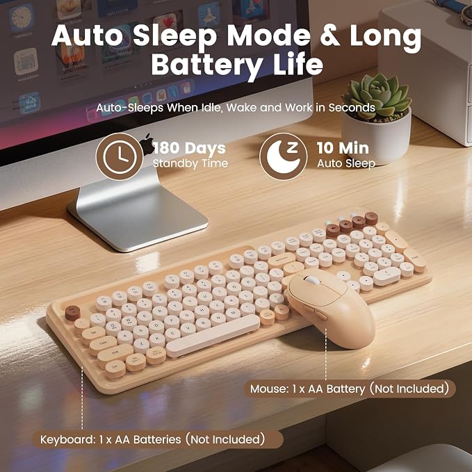 Wireless Keyboard and Mouse Combo, Retro Round Keycaps, Full-Size Typewriter Keyboard with Phone/Tablet Holder, Ergonomic Mouse with 3-Level DPI, 2.4GHz Connection for Windows/PC (Beige Colorful) - Image 5