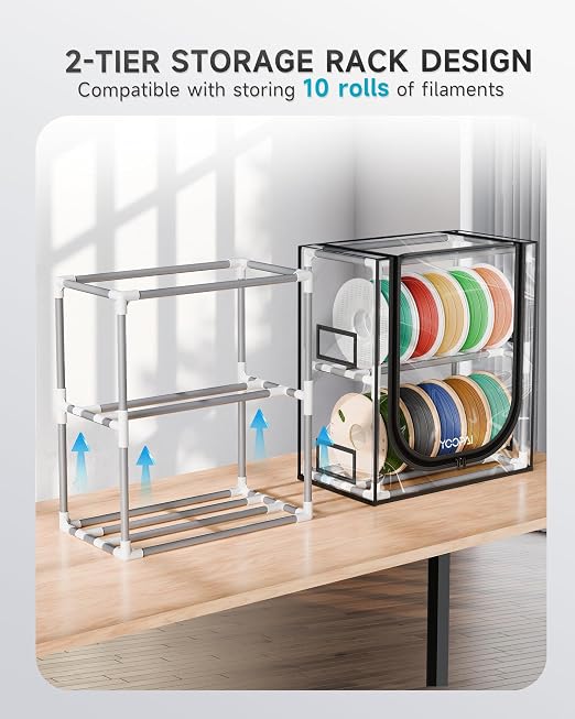 YOOPAI 3D Printer Filament Storage Box – 2 Tier Filament Storage Rack with Transparent Cover, Holds Up to 12 Rolls 1KG – 3D Filament Storage Organizer for Home, Workshop & Studio - Image 5