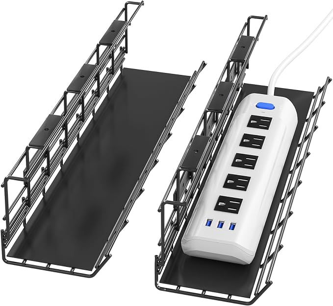 2 Pack DELAMU Under Desk Cable Management Tray, Metal Cord Cable Organizer for Desk, Easy Install Pre-drilled Wire Management Wire Organizer for Office & Home by DELAMU