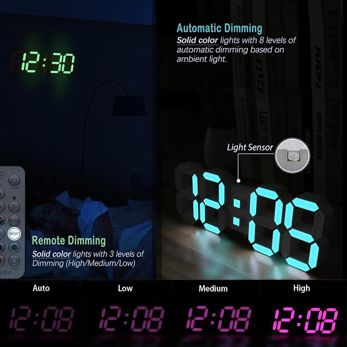 KOSUMOSU LED Wall Clock 15" RGB Digital LED Clock for Living Room Decor, Large Display Gaming Room Clocks, Dimming/12/24 Hr Time/Date/Temp/Remote (White Clock with Neon Light) - Image 4