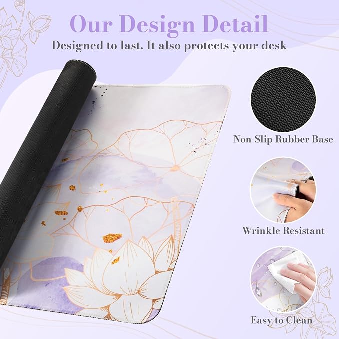 iCasso Desk Cover Mat, Extra Large Lotus Mouse Pad, Purple Lotus Leaf | Desk Pad Mat, Office Matt for Desktop Protector, Anti-Slip XXL Big Mousepad with Stitched Edges for Laptop Computer Keyboard - Image 5