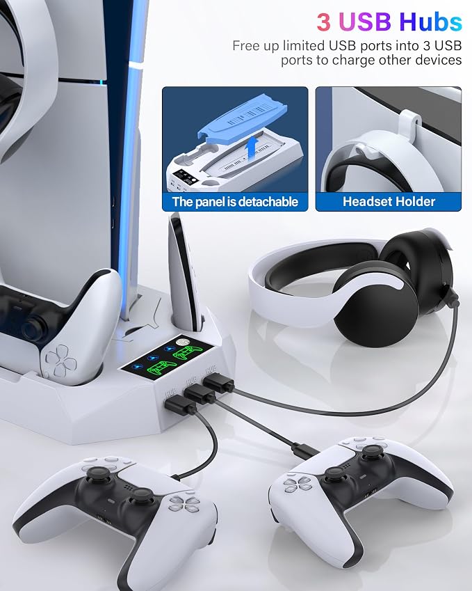 PS5/PS5 Slim/PS5 Pro Stand and Cooling Station with Dual Controller Charging Station for PlayStation 5 Console, PS5 Accessories Incl. Controller Charger, Cooling Fan, Headset Holder, 3 USB Hub, White - Image 5