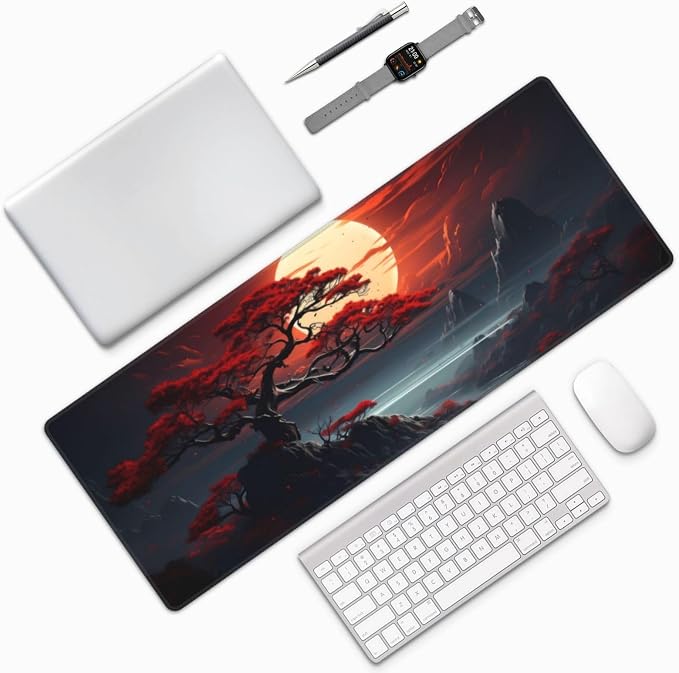 Darkness Red Moon Desk Mat Japanese Mouse Pad, Large Japanese Desk Mat, XL Anime Gaming Keyboard Mat, Non-Slip Rubber Base, Big Extended Desk Protector for Home Office, 31.5”x11.8” - Image 9