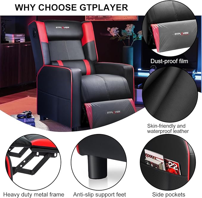 GTPLAYER Gaming Recliner Chair with Bluetooth Speakers Racing Style Single Gaming Sofa Modern Living Room Recliners Ergonomic Comfortable Massage Home Theater Seating, Red - Image 4