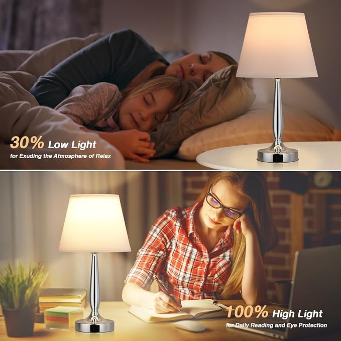 Kakanuo Touch Table Lamp for Bedroom, Small Bedside Lamp with USB C Charging Port, 3 Way Dimmable Touch Control Nightstand Lamp for Living Room and Office, White Shade and Silver Base - Image 4