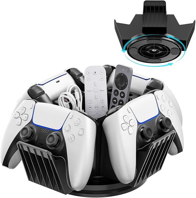 KDD Controller Organizer for Desktop - 360°Rotatable Controller Holder with Storage Box - Universal Stand for 4 Controllers, Desk Organizer for Switch Remote Control Pen Gamer Accessories by KDD