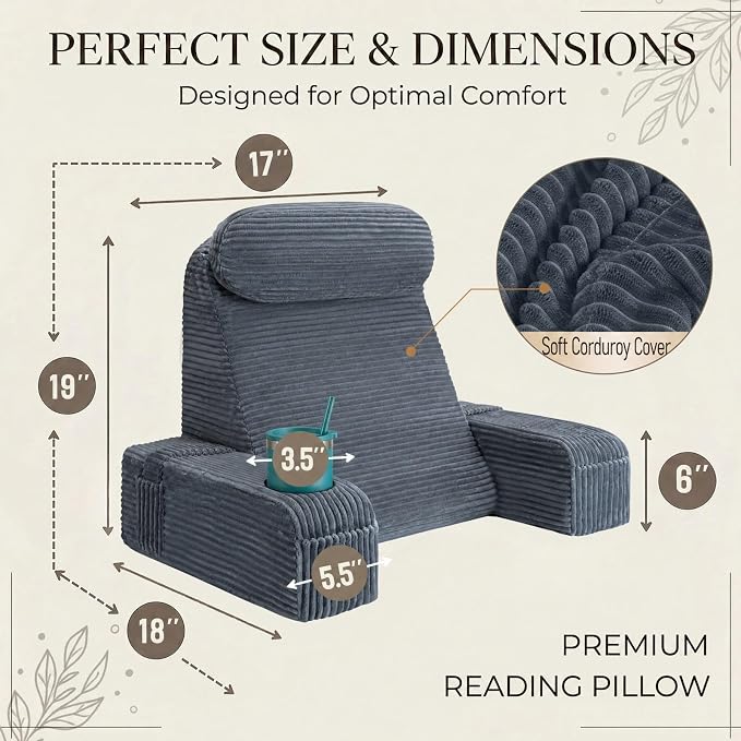 Reading Pillow for Adults, Back Pillow for Bed Sitting Up, Backrest Pillow for Sitting in Bed, Detachable Arms with Built-in Cup & Phone Caddy (Dark Gray-Corduroy, 19 INCH) - Image 6