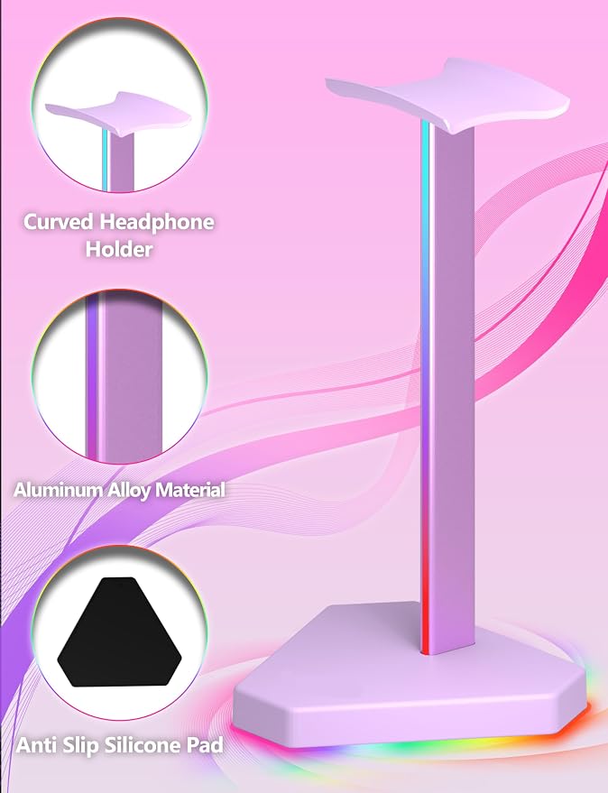RGB Headphones Stand with 1 USB-C Data Transmission& 3 Type-C Charging Port, Desk Gaming Headset Holder with 7 Light Modes and Non-Slip Rubber Base (Purple) - Image 5