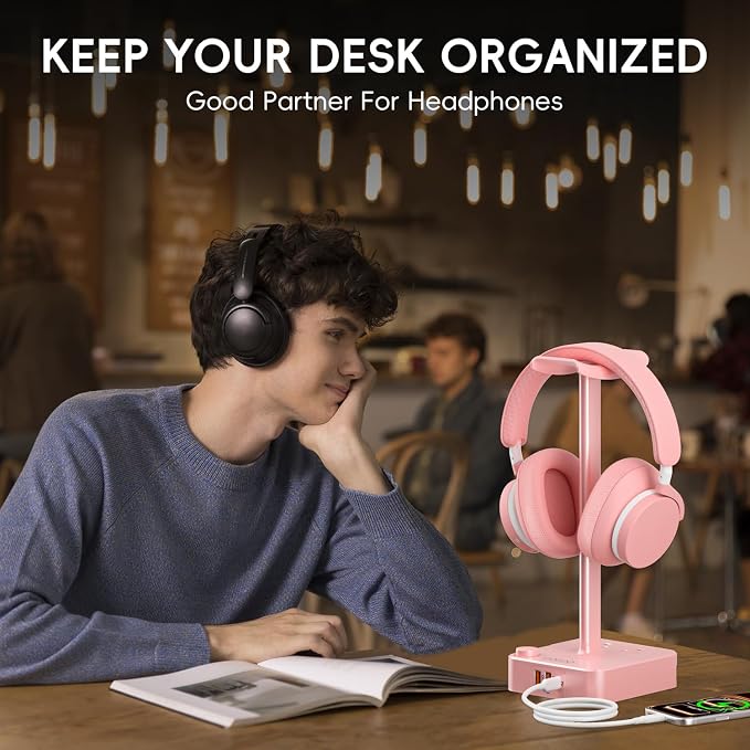 cozoo Headphone Stand with Charger, USB C, Gifts for Gamers Men, Pink | Gaming Headset Stand Holder for Desk, 3 USB(1 USB C) and 2 AC Outlets Charging Ports, Headphone Hanger, Gamer Gifts for Men - Image 8
